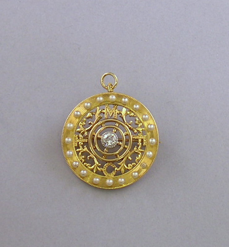 Appraisal: kt Gold Seed Pearl and Diamond Circle Pendant Brooch wd