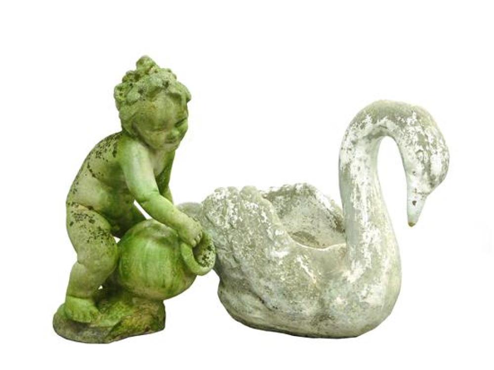 Appraisal: GARDEN Cement Putti and swan Putti holding urn tipping over