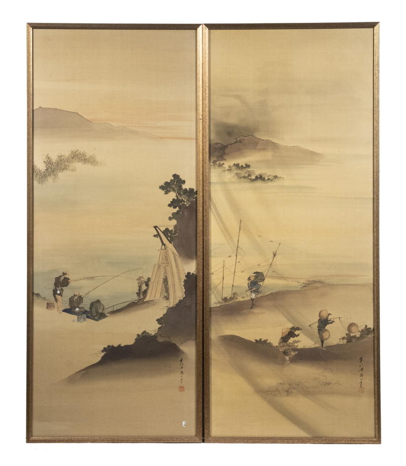 Appraisal: PR OF FINE JAPANESE SILK SCROLL PAINTINGS LATE MEIJI PERIOD