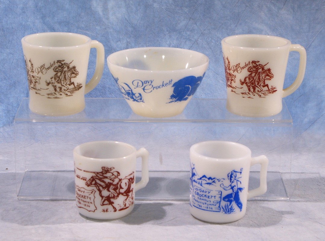 Appraisal: Davy Crockett milk glass pieces including unmarked small mugs larger