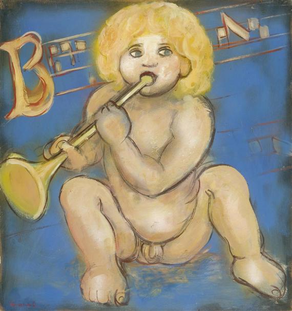 Appraisal: COMENSOLI MARIO Lugano - Zurich Putto playing trumpet Painted recto