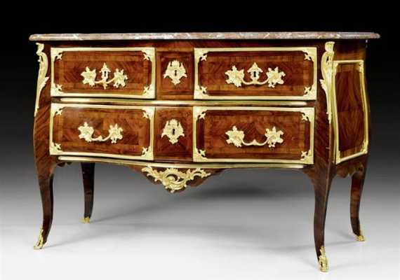 Appraisal: COMMODE Louis XV Paris circa Purpleheart veneer finely inlaid with