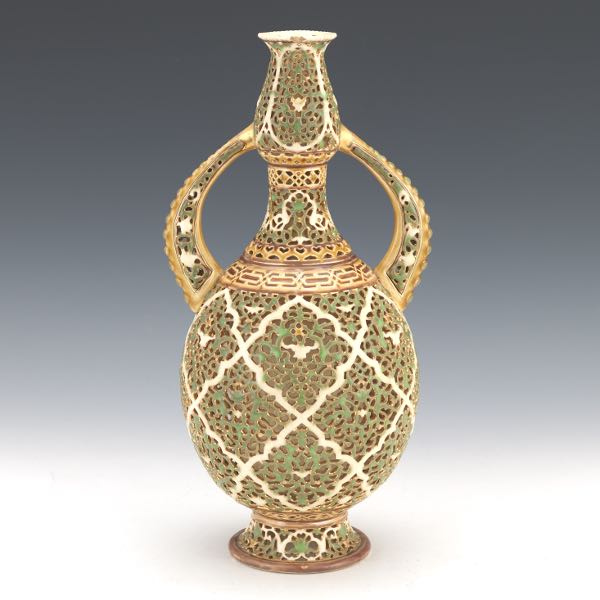 Appraisal: ZSOLNAY PECS HUNGARY RETICULATED GLAZED CERAMIC VASE x Pierced double