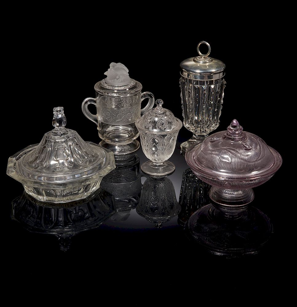 Appraisal: Assorted Glass Items Five assorted glass items comprising a covered