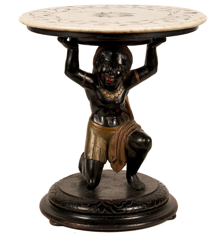 Appraisal: Venetian Blackamoor Polychromed Table Venetian Blackamoor polychromed table with crouching