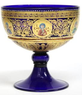 Appraisal: Salviati Moser Cobalt Enamel Art Glass Chalice Venetian hand-painted with