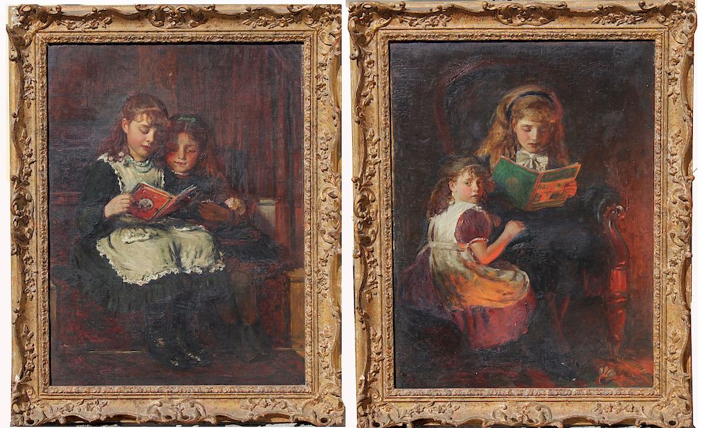 Appraisal: Signed Interior Paintings w Young Children Signed pair of early