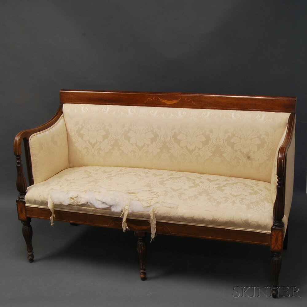 Appraisal: Federal-style Inlaid Walnut Upholstered Settee the scrolled tablet with stringing