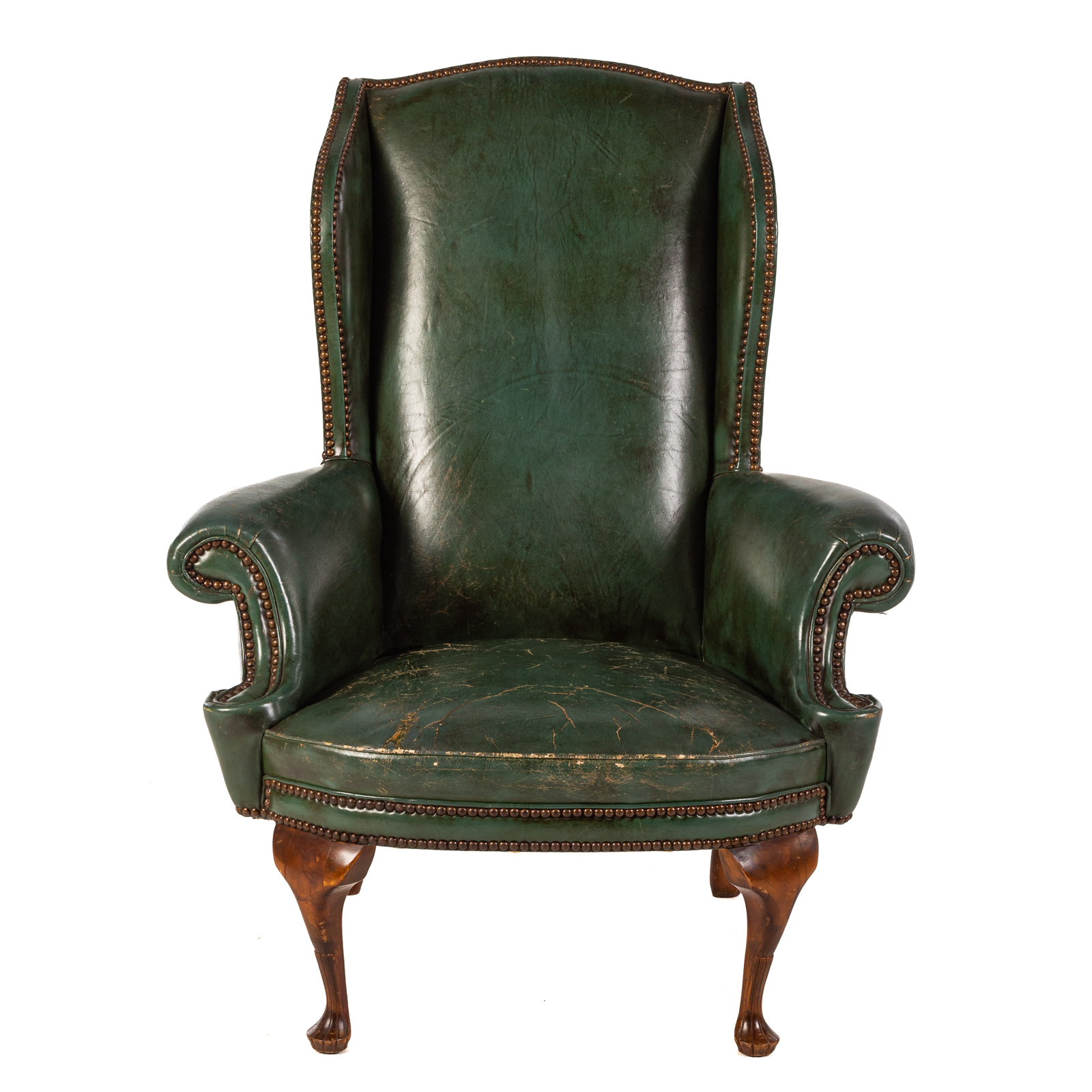 Appraisal: QUEEN ANNE STYLE WALNUT LEATHER WING CHAIR th century with