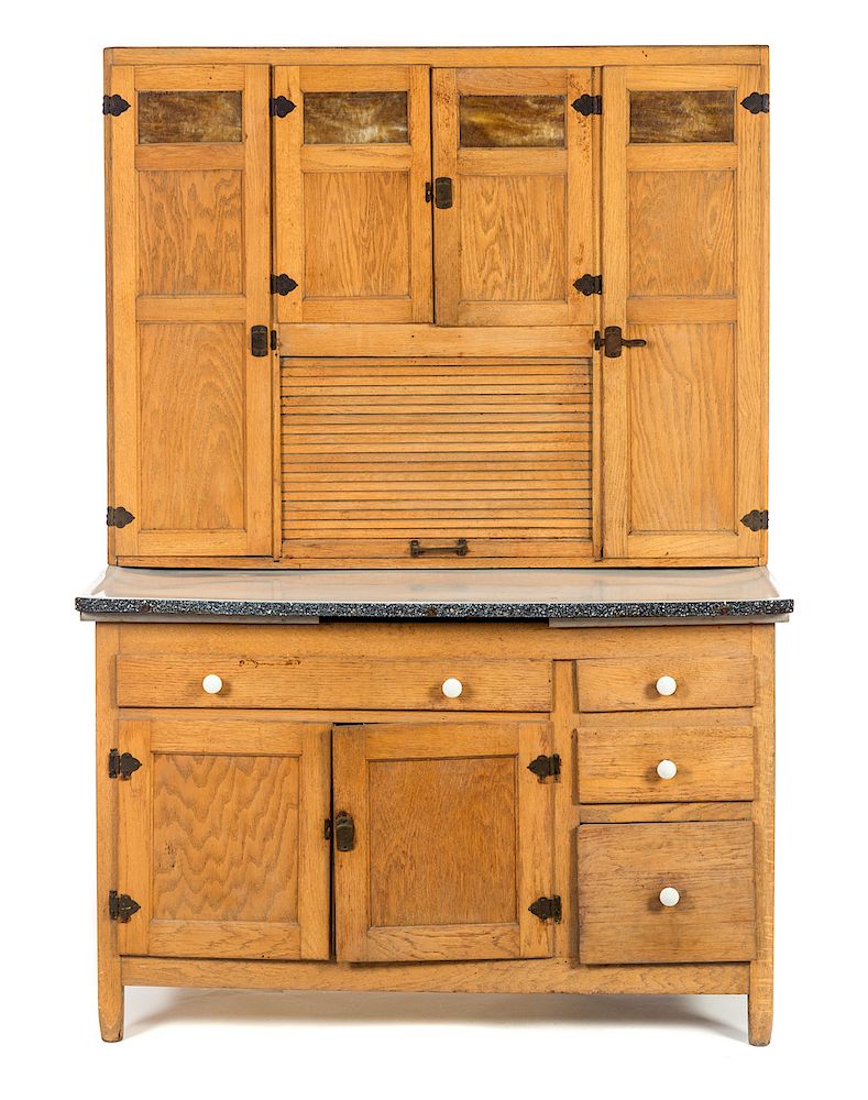 Appraisal: Oak Caramel Slag Glass Kitchen Cabinet Good original condition Please