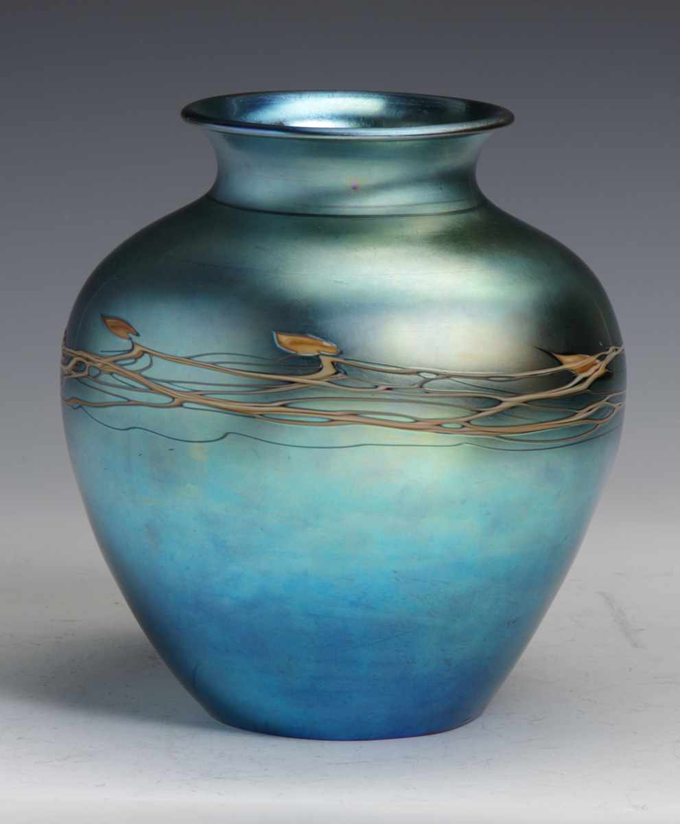 Appraisal: Fine Steuben Blue Aurene Vase Sgn Steuben Aurene With leaf