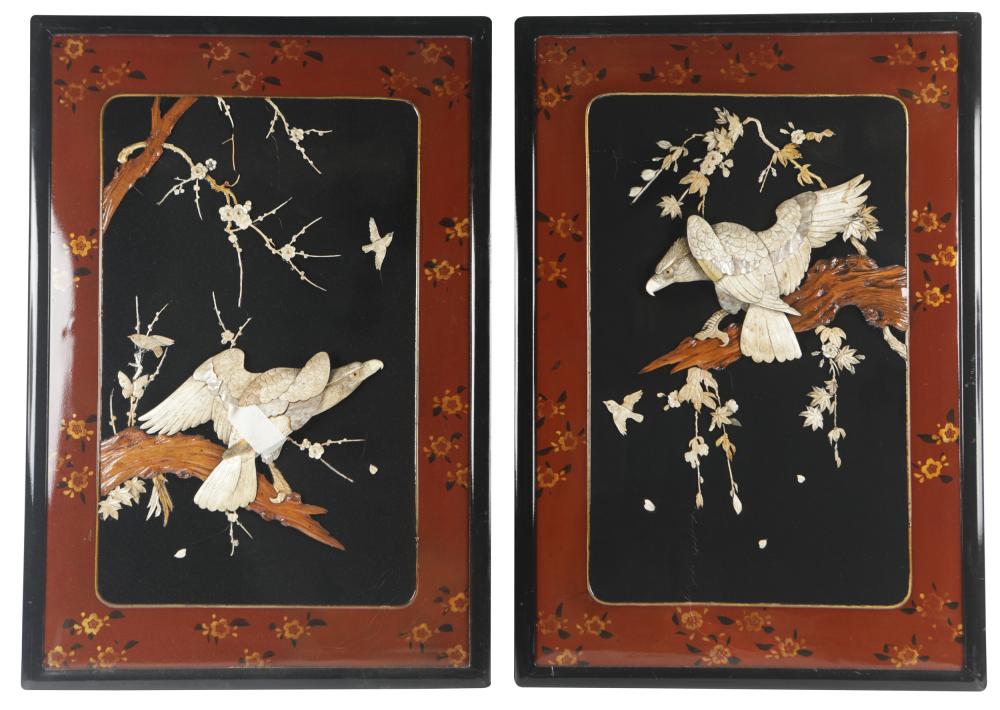 Appraisal: PAIR OF ASIAN LACQUER CARVED WOOD PANELSeach depicting birds Condition