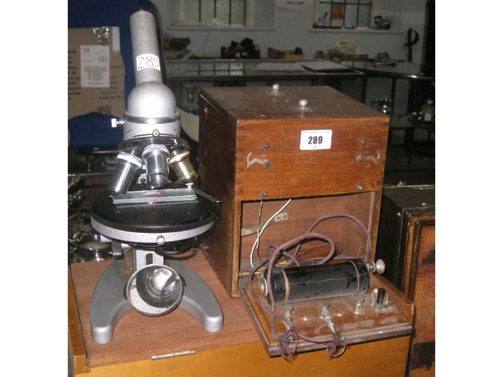 Appraisal: Lot comprising microscope in case and an electric shock machine