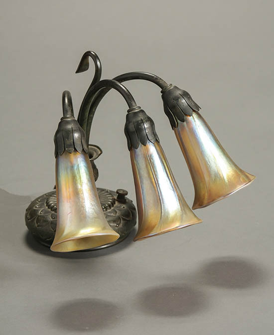 Appraisal: Tiffany Studios Bronze and Gold Favrile Glass Three-Light 'Lily' Piano