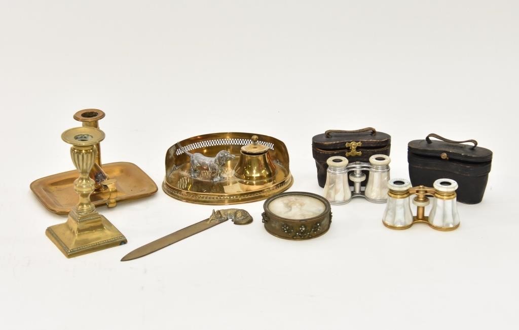 Appraisal: Brassware grouping to include an inkstand with metal dog missing