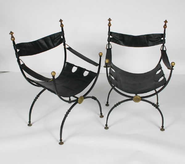 Appraisal: Pair modern leather sling back chairs cast metal frame brass