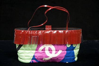 Appraisal: Chanel silk print and red patent leather purse Small checkerboard