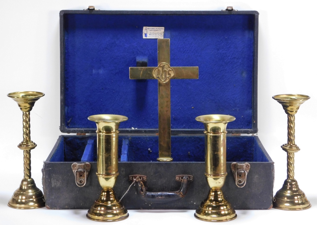 Appraisal: MILITARY CHAPLAIN CRUCIFIX ALTAR CANDLESTICK SET United States Circa The