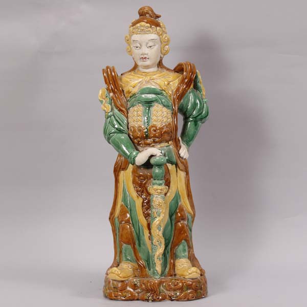 Appraisal: Large Chinese terra cotta tri color glaze warrior with sword