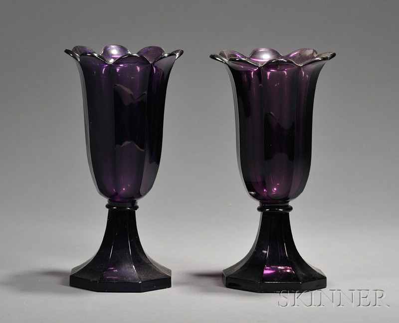 Appraisal: Pair of Amethyst Pressed Glass Tulip Vases Boston and Sandwich