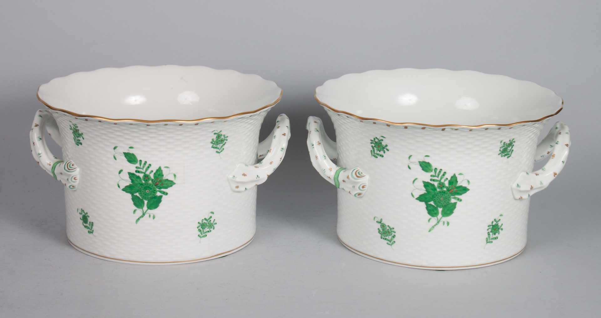 Appraisal: Pair of Herend porcelain cachepots double-handled pots in the Green