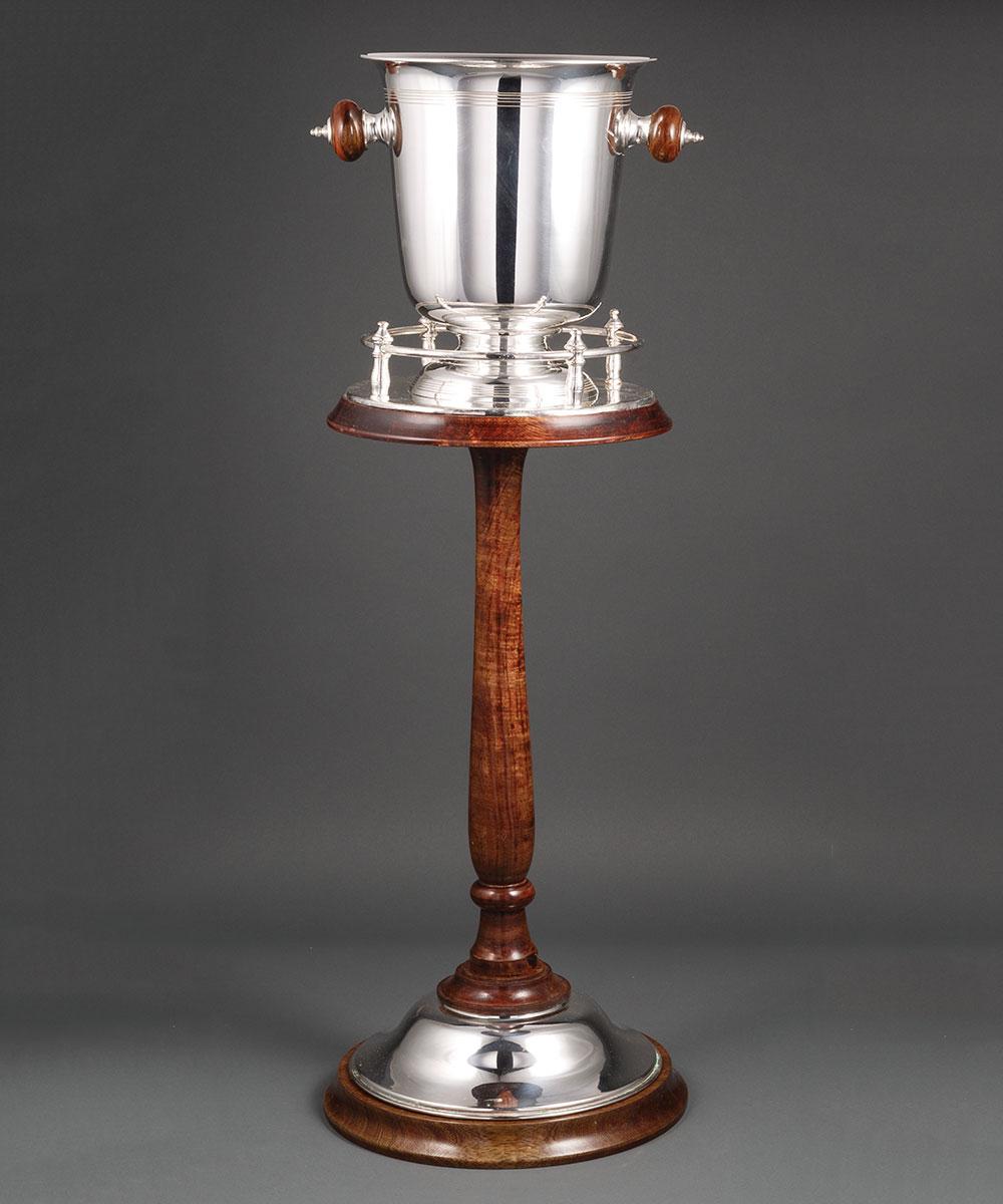 Appraisal: Silverplate and Turned Hardwood Champagne Bucket on Stand marked ROYAL