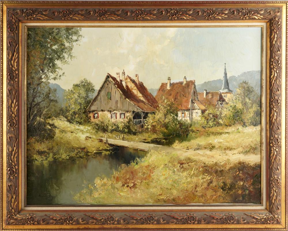 Appraisal: TH CENTURY RIVERSIDE VILLAGEoil on canvas signed illegibly lower left