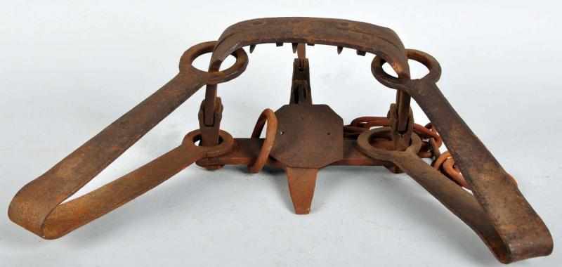 Appraisal: Large Offset Bear Trap with Chain Description Claw tooth bear