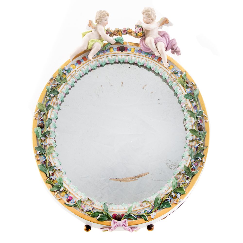 Appraisal: Meissen Porcelain Oval Easel Back Mirror early th century mirror