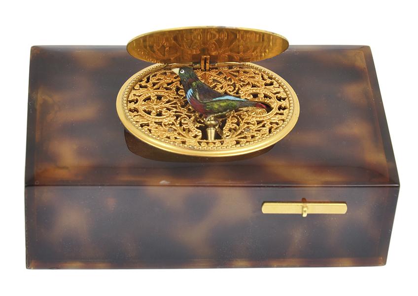 Appraisal: A TH CENTURY SIMULATED TORTOISESHELL CASED AUTOMATON BIRD MUSIC BOX