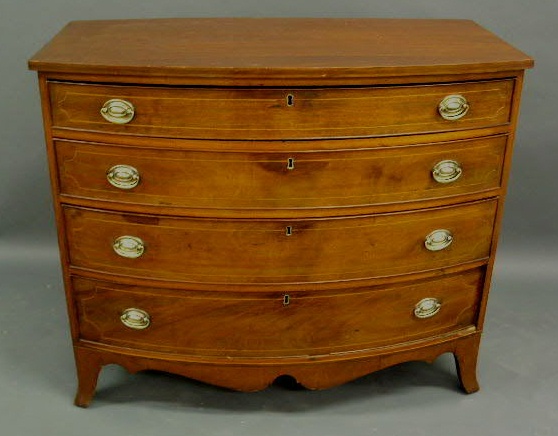 Appraisal: Hepplewhite inlaid mahogany bow-front chest of drawers h x w