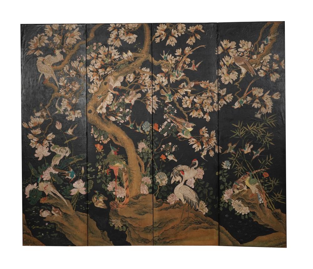 Appraisal: CHINESE PAINTED CANVAS FOUR-FOLD SCREENmounted to wooden panels Provenance Property