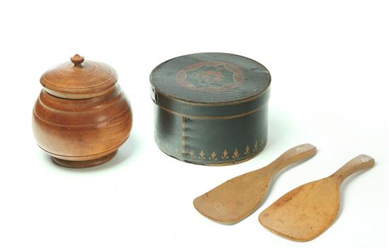 Appraisal: DECORATED BOX BUTTER PADDLES AND PEASEWARE CONTAINER American late th-early