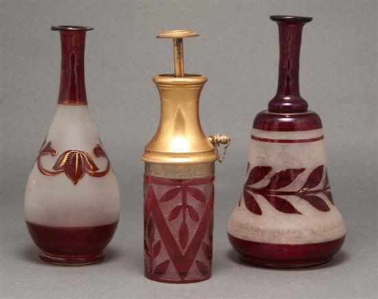 Appraisal: Two Bohemian frosted and etched cranberry glass vases and a