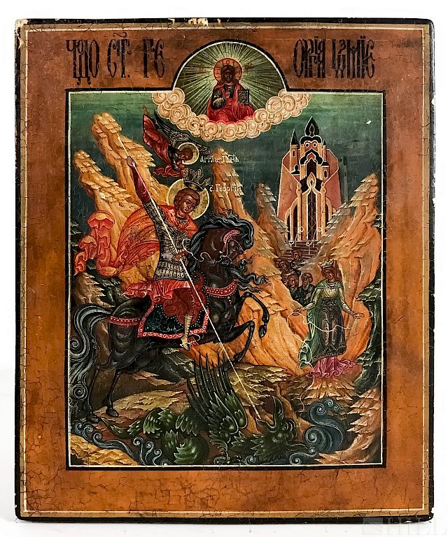 Appraisal: Greek Russian Orthodox Saint George Icon Painting Antique Catholic Orthodox