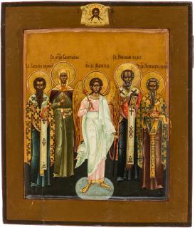 Appraisal: A RUSSIAN ICON WITH FOUR SAINTS AND THE GUARDIAN ANGEL