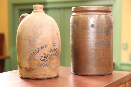 Appraisal: TWO PIECES OF STONEWARE A dark brown crock with cobalt