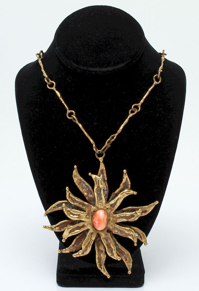 Appraisal: Pal Kepenyes Brass Sunburst Pendant Necklace Pal Kepenyes Brutalist brass