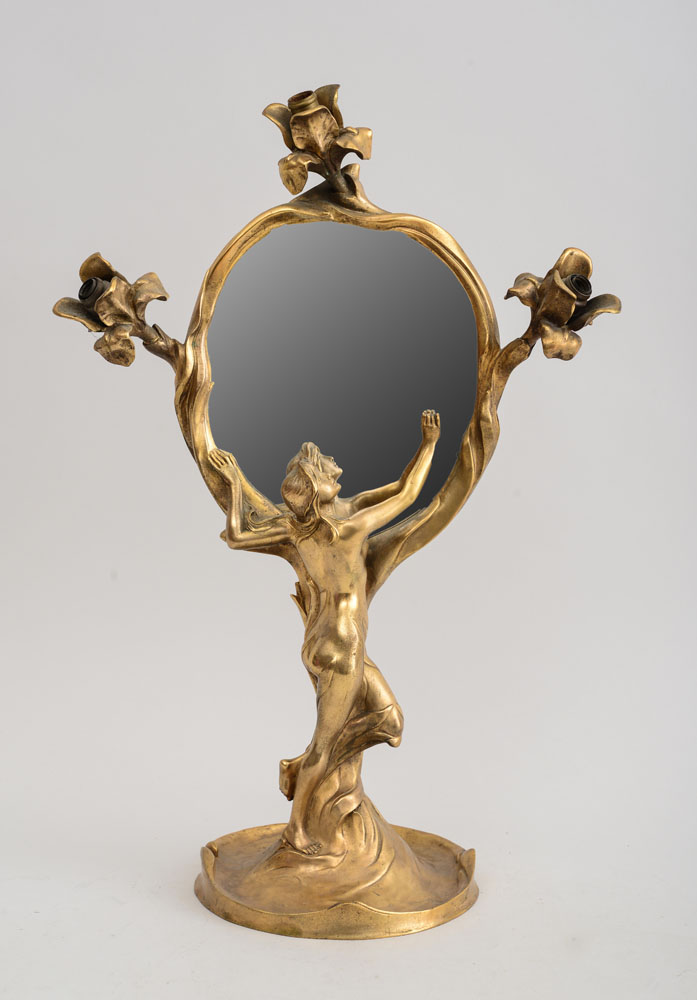 Appraisal: ART NOUVEAU GILT-METAL FIGURAL DRESSING TABLE MIRROR AFTER MARCEL DEBUT