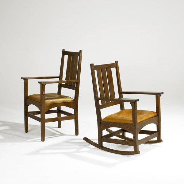 Appraisal: GUSTAV STICKLEY Matching armchair no and rocker no with vertical