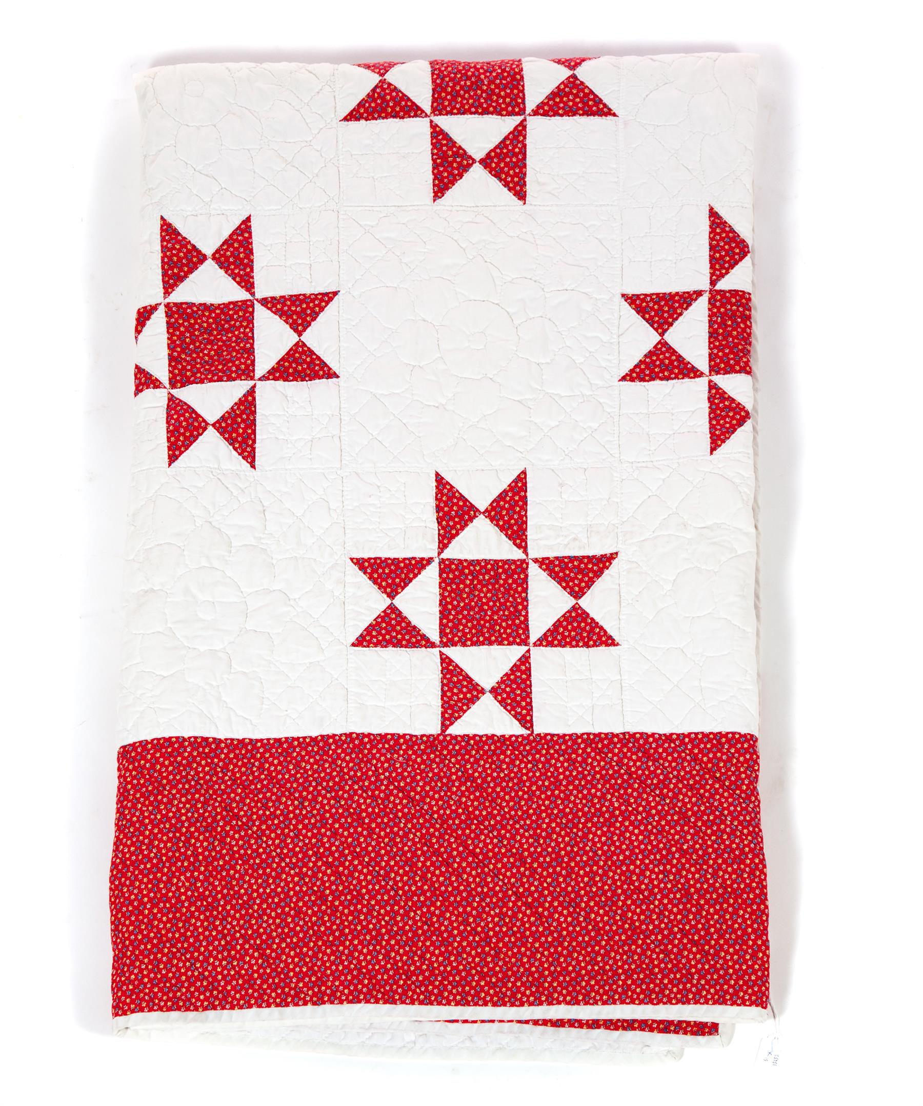 Appraisal: TWO-PIECE HAND-SEWN RED AND WHITE QUILT American th century White