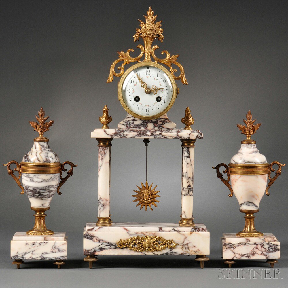 Appraisal: Three-piece Gilt-bronze-mounted Marble Clock Garniture France early th century including