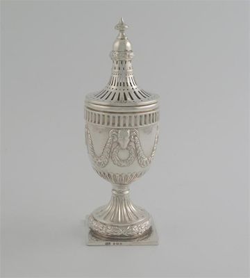 Appraisal: An Edwardian vase-shaped sugar caster on a pedestal base with