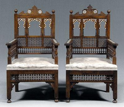 Appraisal: Pair Moorish carved armchairs carved mother-of-pearl and bone inlaid backs