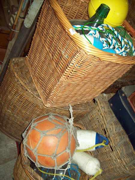 Appraisal: A COLLECTION OF CANE BASKETS AND BUOYS SEA PARAPHERNALIA BOTTLES