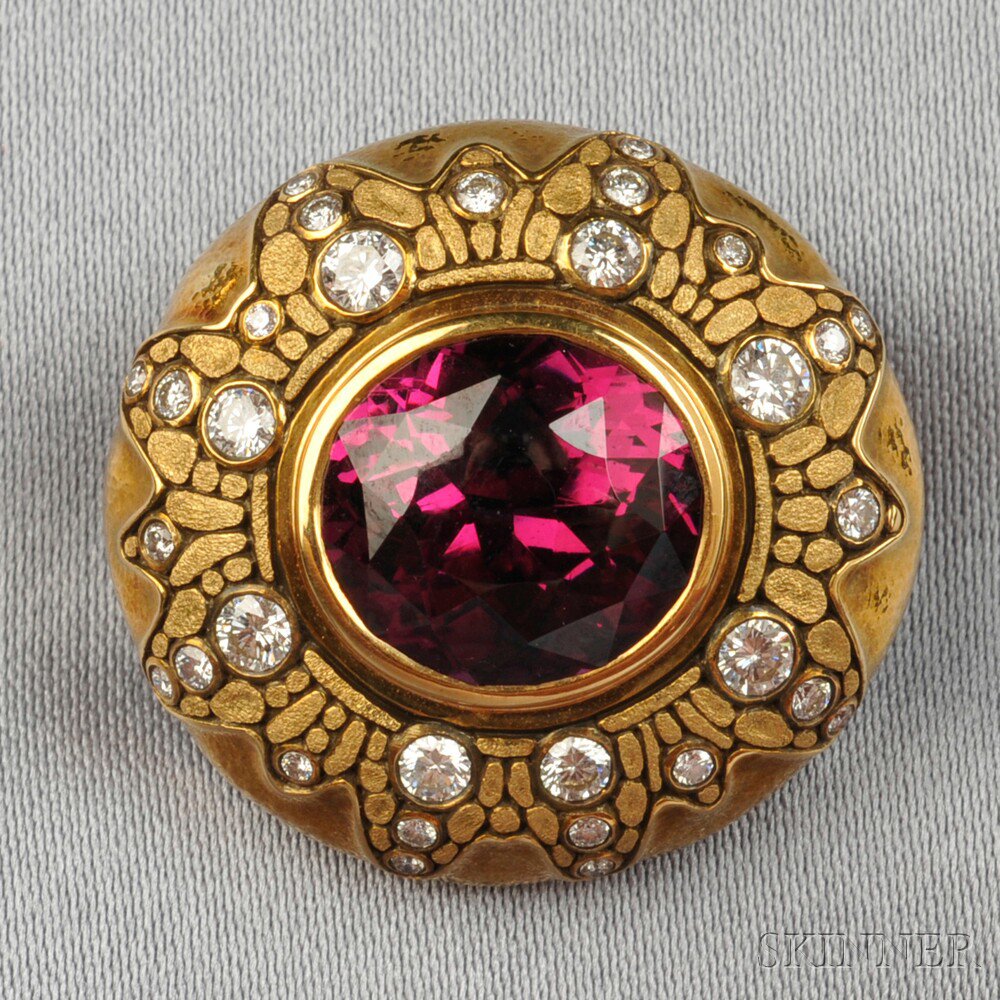 Appraisal: kt Gold Garnet and Diamond Brooch Alex Sepkus bezel-set with