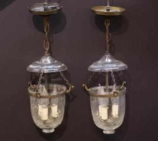 Appraisal: Hallway Lanterns in Etched Glass Brass Pair Star-cut glass and