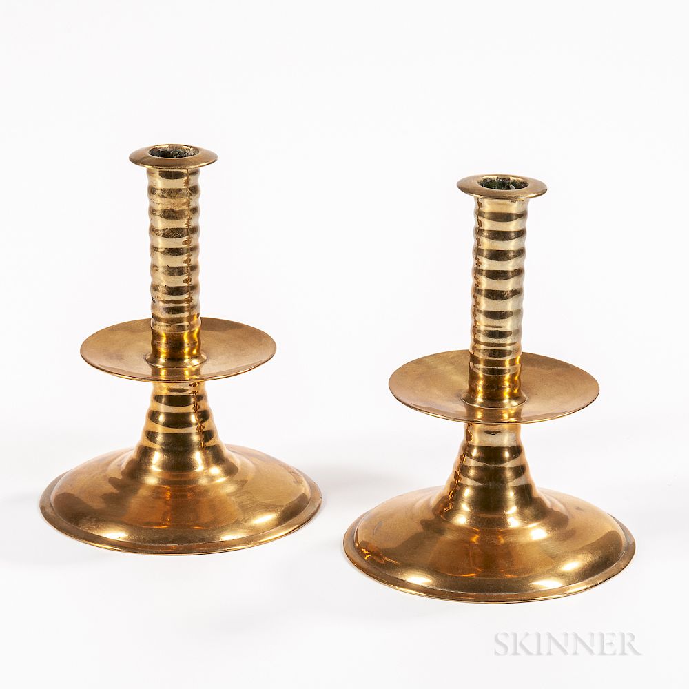 Appraisal: Pair of English Trumpet-base Mid-drip Candlesticks Pair of English Trumpet-base