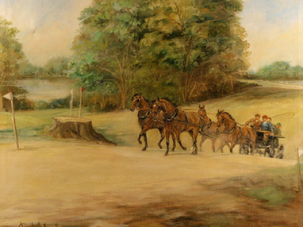 Appraisal: Elizabeth Ansell Carriage racing oil on canvas signed cm x