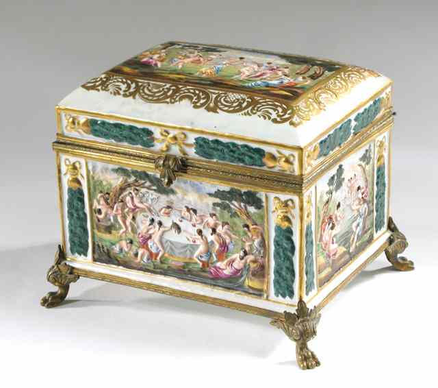 Appraisal: CAPODIMONTE PORCELAIN COVERED BOX having traditional raised classical figures on